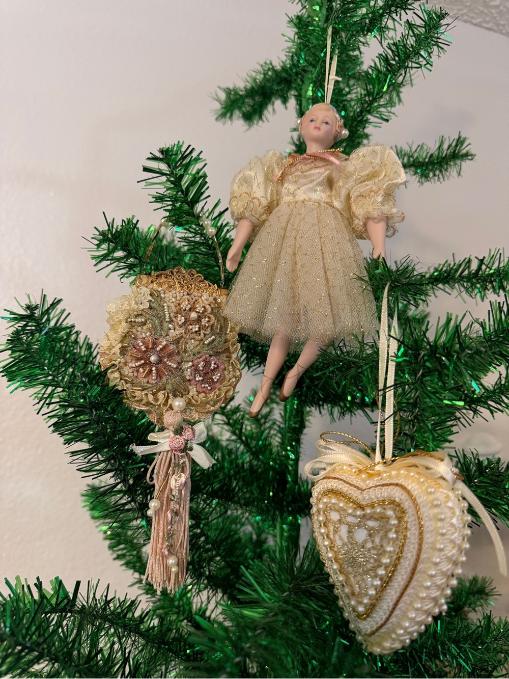 3 Victorian Style Ballerina Doll Heart & Purse Tassel Christmas Bauble Ornaments